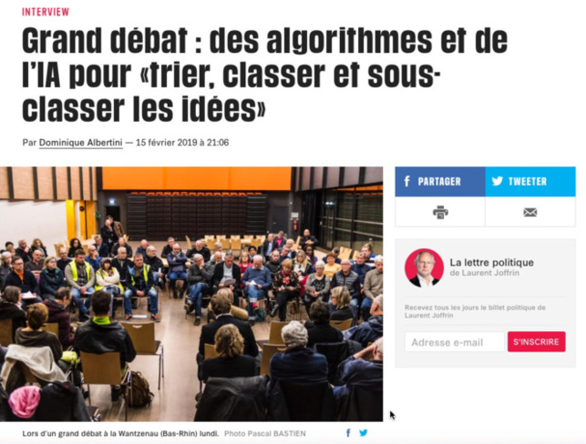 Des algorithmes et de l’IA pour obtenir les résultats du Grand Débat (Libération) Des algorithmes et de l’IA pour obtenir les résultats du Grand Débat (Libération)