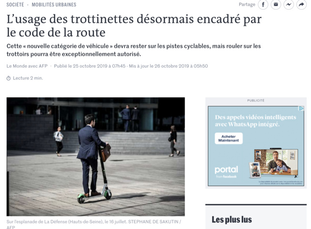 Le Monde : " L’usage des trottinettes désormais encadré par le code de la route "