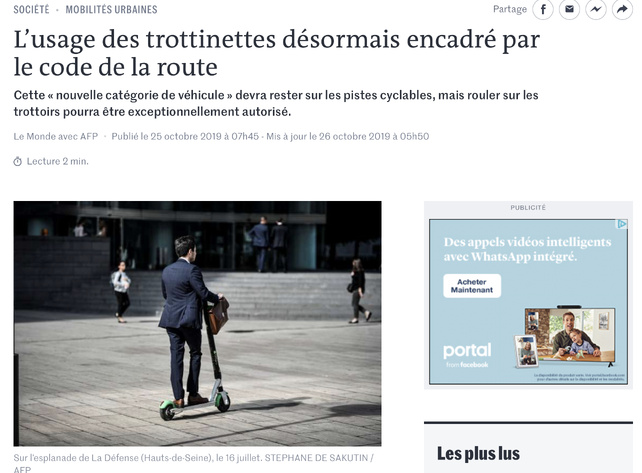 Le Monde : " L’usage des trottinettes désormais encadré par le code de la route " Le Monde : " L’usage des trottinettes désormais encadré par le code de la route "