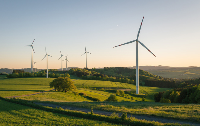 Champ d'éoliennes dans la campagne française. (Photo Adobe Stock)