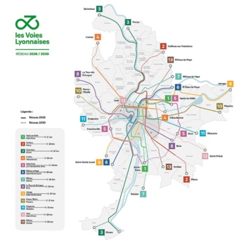 Le plan du réseau cyclable baptisé "Les Voies lyonnaises" Cliquer sur la carte pour l'agrandir © Métropole de Lyon Le plan du réseau cyclable baptisé "Les Voies lyonnaises" Cliquer sur la carte pour l'agrandir © Métropole de Lyon