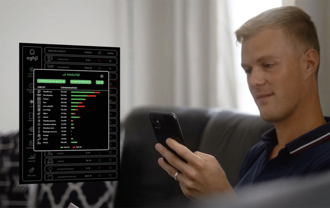 Le tableau électrique d'OGHJI consultable depuis son smartphone (Photo extraite de la vidéo de présentation OHHJI) Le tableau électrique d'OGHJI consultable depuis son smartphone (Photo extraite de la vidéo de présentation OHHJI)