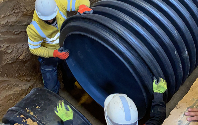 Les canalisations en PEHD de Polieco, utilisées pour le chantier de la commune de Créhen (photo Polieco) Les canalisations en PEHD de Polieco, utilisées pour le chantier de la commune de Créhen (photo Polieco)