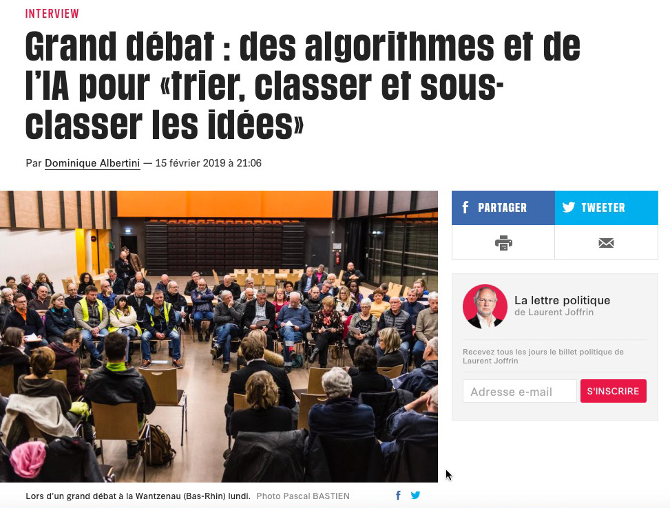 Des algorithmes et de l’IA pour obtenir les résultats du Grand Débat (Libération) Des algorithmes et de l’IA pour obtenir les résultats du Grand Débat (Libération)