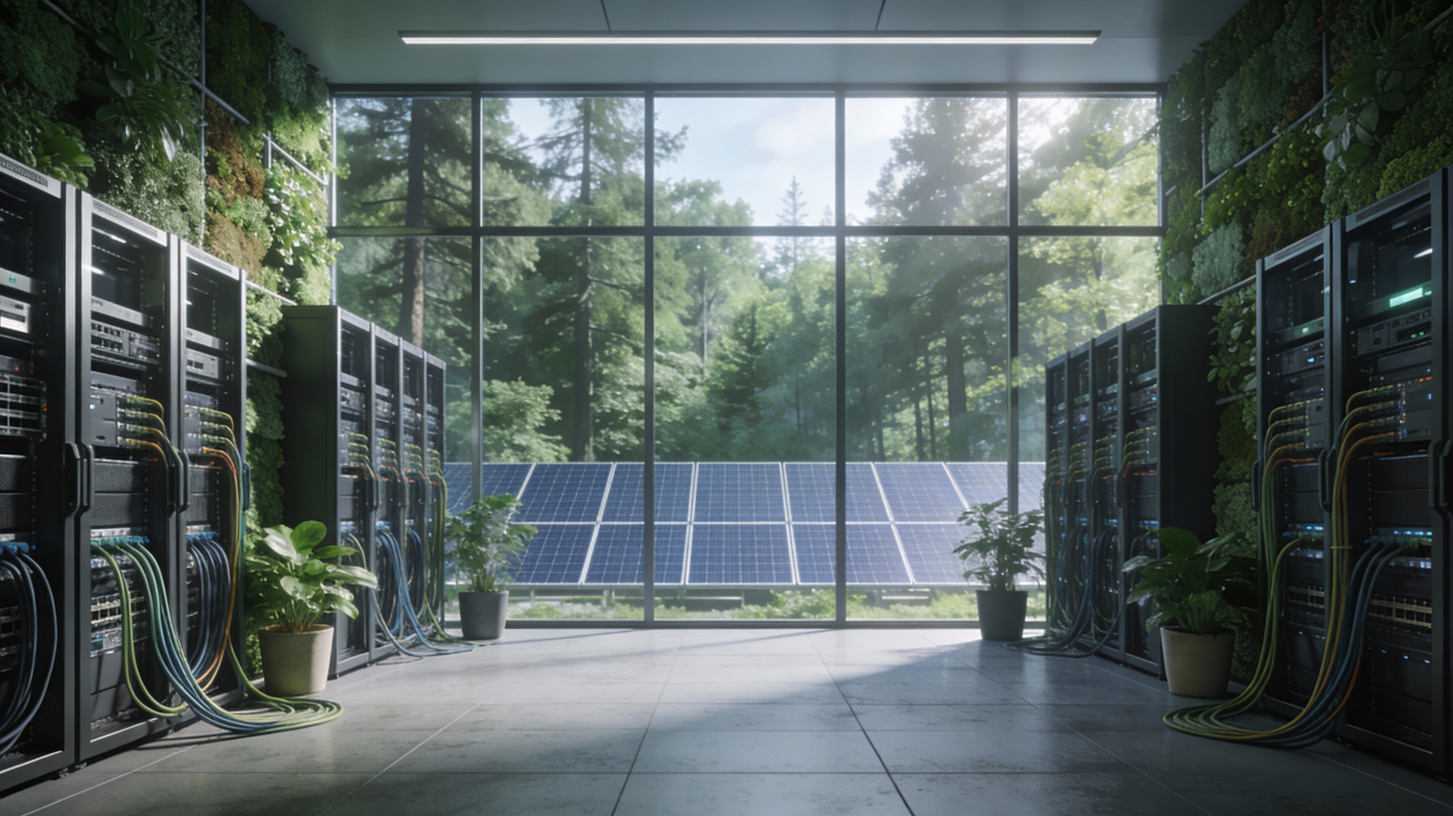 Salle de serveurs écologique illustrant un datacenter vert souverain, optimisé pour l’hébergement local des données des collectivités et la transition numérique durable des territoires.